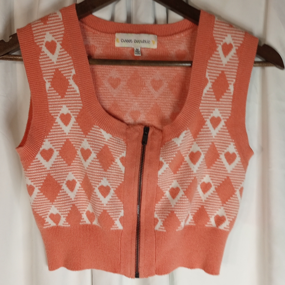 Sweet Republic Coral Heart Argyle Cropped Sweater Vest Zipper Women Academia M